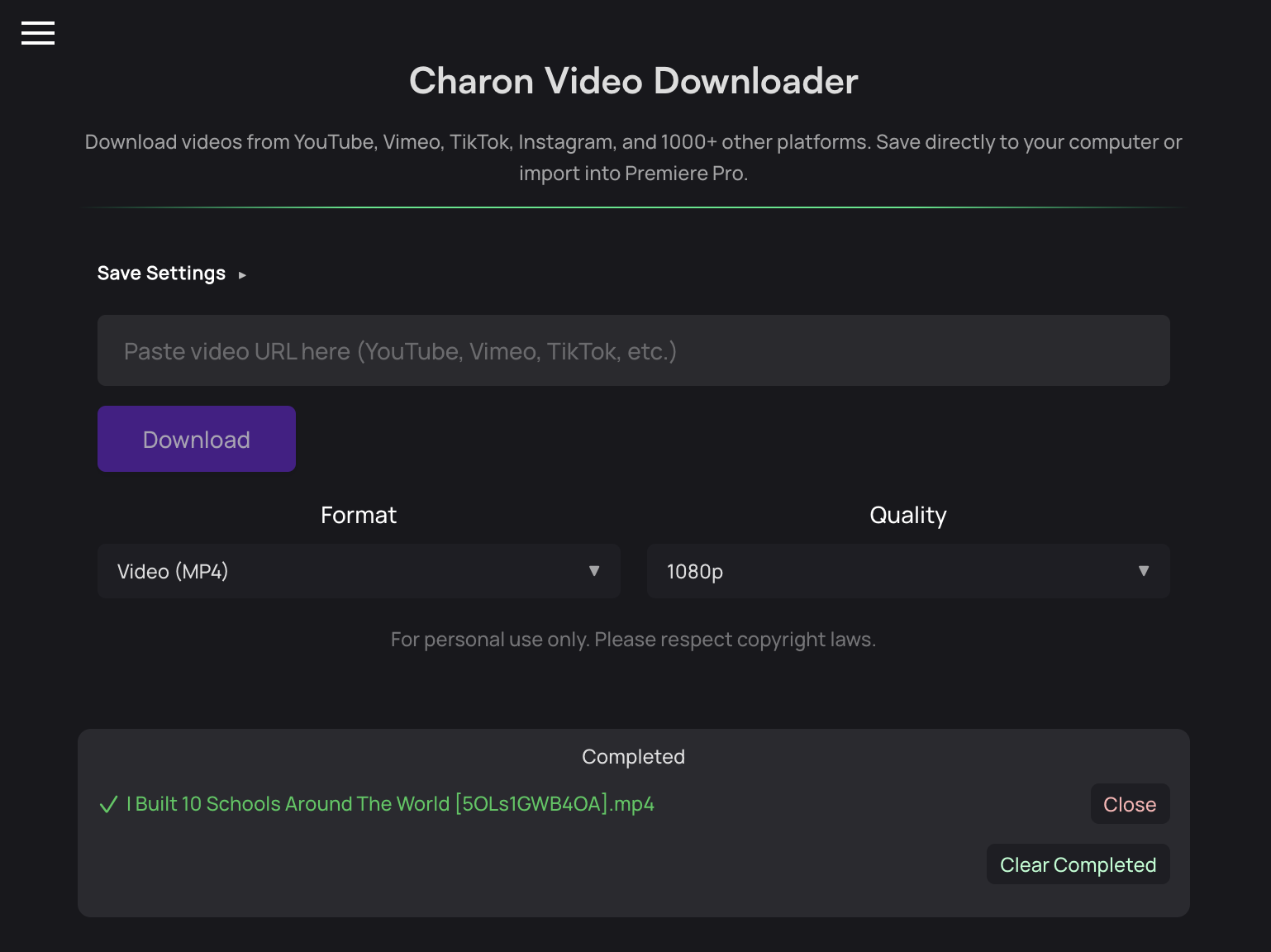Charon Video Downloader Interface